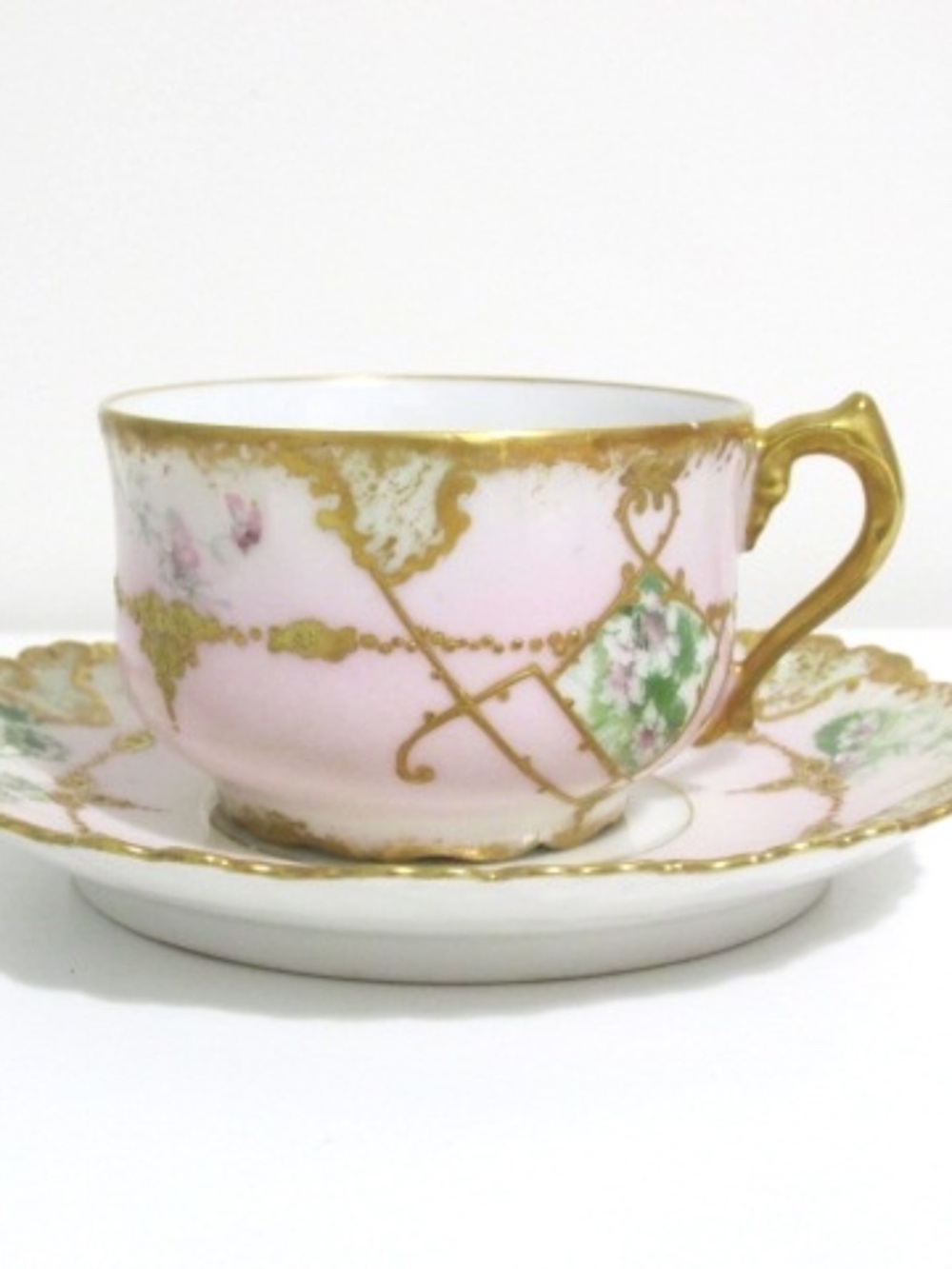 Antique Limoges Porcelain PInk & Gold Cup & Saucer